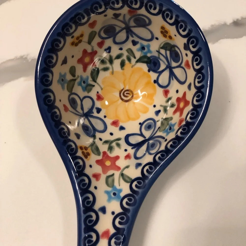 NWT Vena Polish Pottery Hand-Painted Blue Rose Floral Butterfly Ceramic Ladle